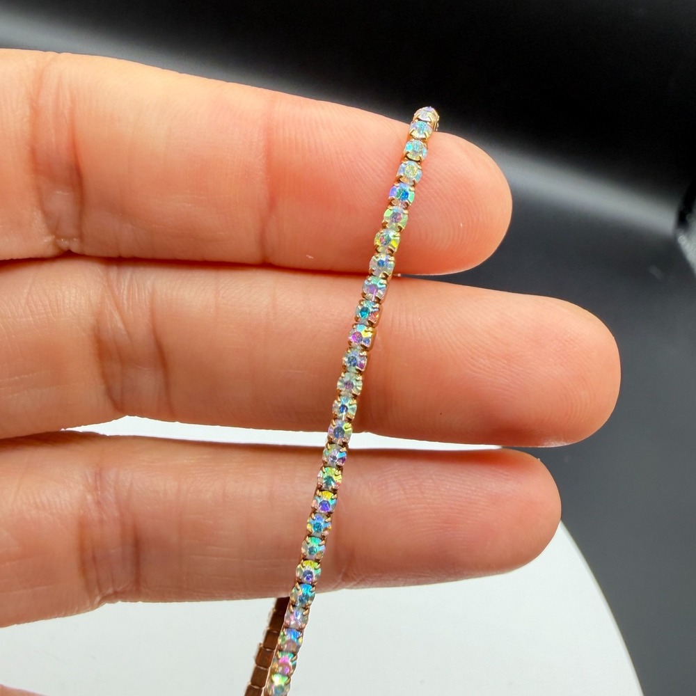 Iridescent AB Rhinestone Double Wrap Coil Bracelet Gold Tone Sparkle Y2K Glam